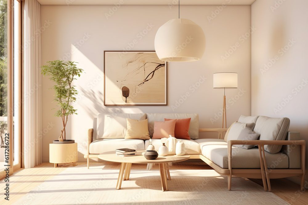 3d rendering of modern living room with white sofa, home desk in wall with decor, personal accessories, lamp, books, dry flowers in a vase, ceramics. Pouf with a blanket. Wood panel,Generative AI