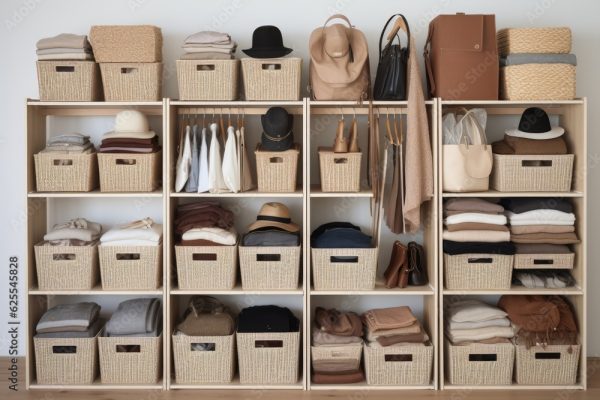 A display showcasing Marie Kondos storage boxes, containers, and baskets in various sizes and shapes to help organize and tidy up wardrobes. These organizer boxes are part of the KonMari method, a